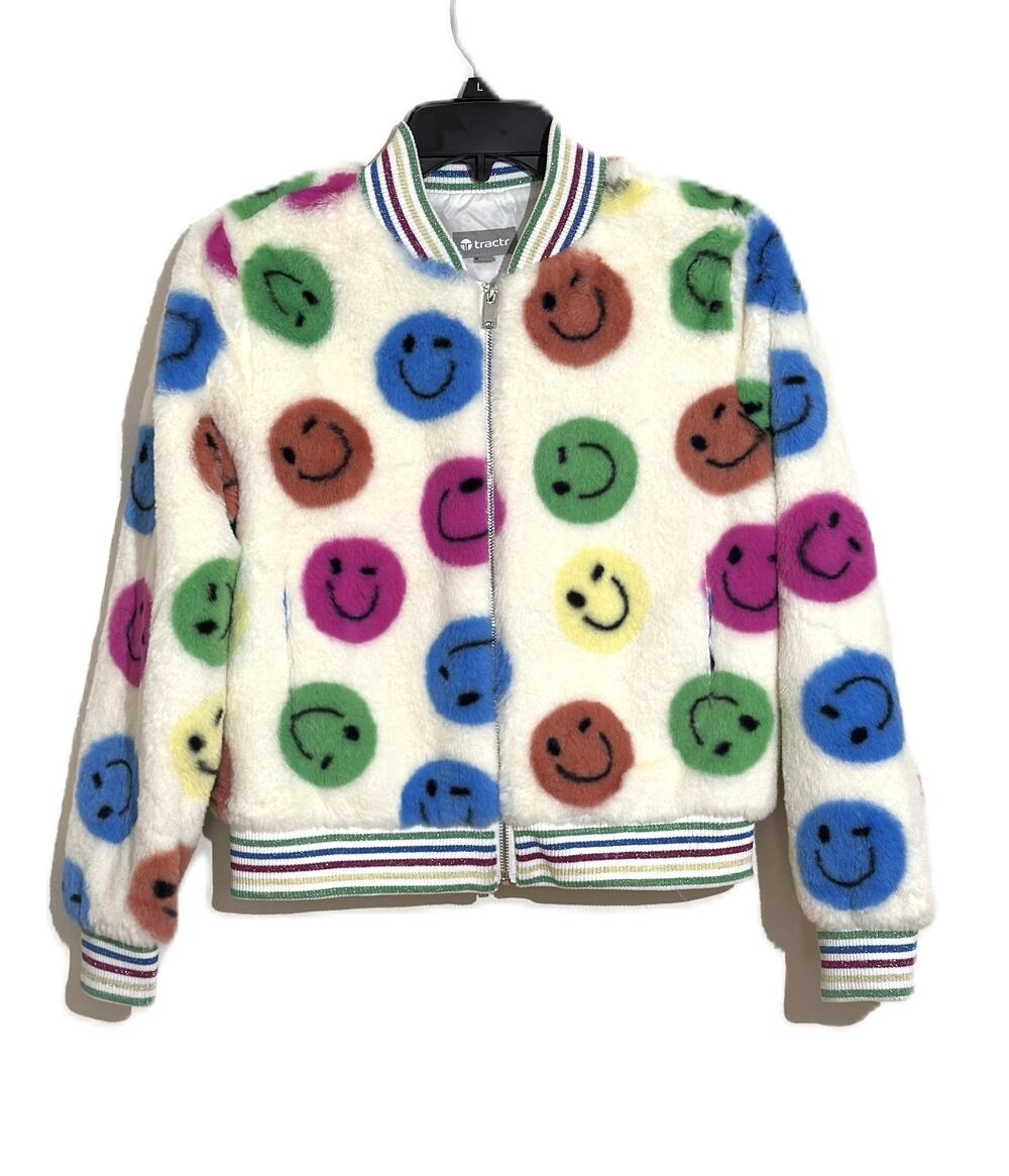 Tractr Big Girls Smiley Face Faux Fur Bomber Jacket L White Rainbow Plush Coat